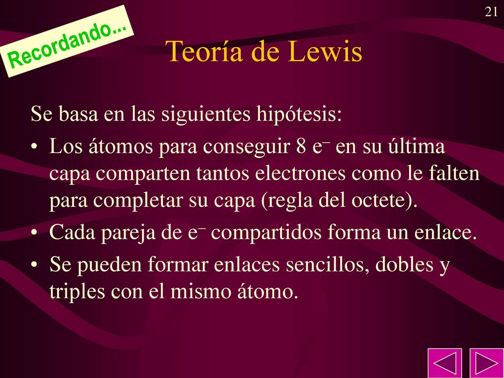 Teoría de Lewis Recordando... Se basa en las siguientes hipótesis: