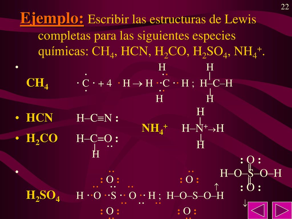 Ejemplo: Escribir las estructuras de Lewis completas para las siguientes especies químicas: CH4, HCN, H2CO, H2SO4, NH4+.
