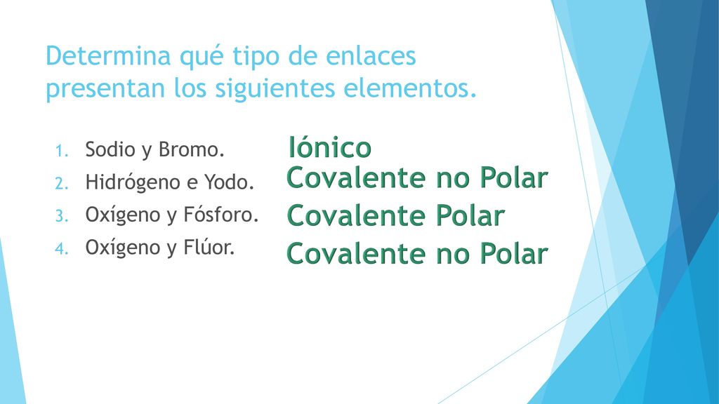 Determina qué tipo de enlaces presentan los siguientes elementos.