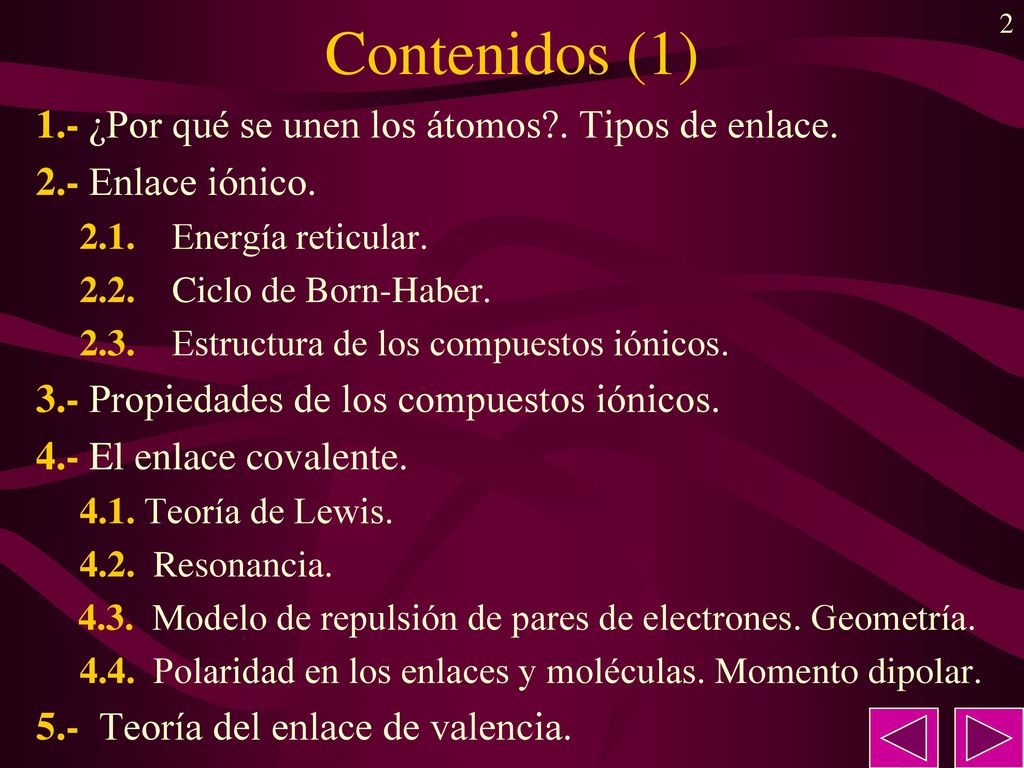 Contenidos (1) 1.- ¿Por qué se unen los átomos . Tipos de enlace.