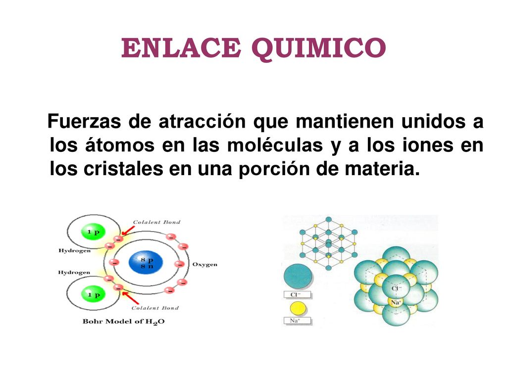 ENLACE QUIMICO Fuerzas de atracción que mantienen unidos a los átomos en las moléculas y a los iones en los cristales en una porción de materia.