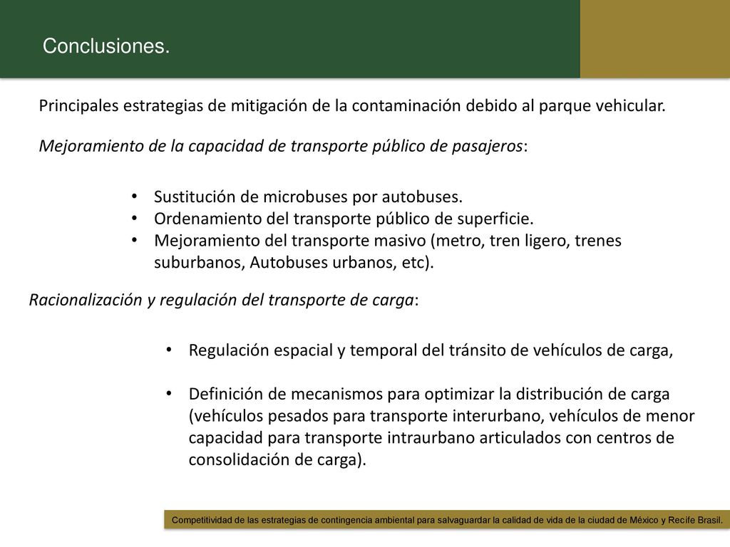 Conclusiones. Principales estrategias de mitigación de la contaminación debido al parque vehicular.