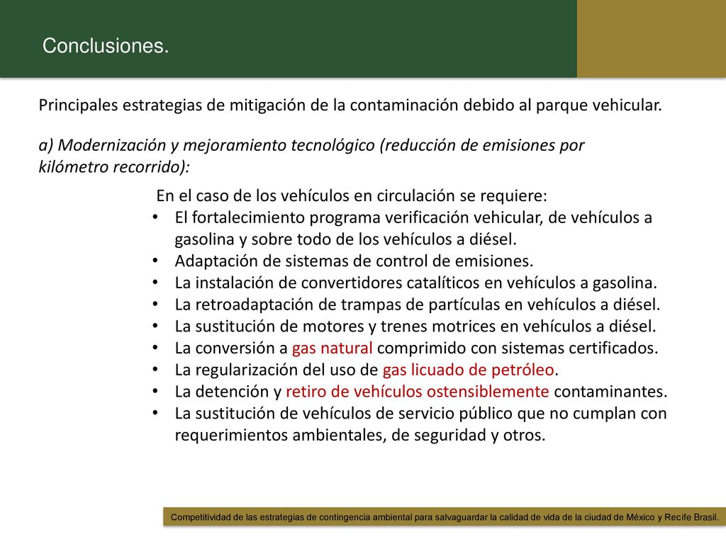 Conclusiones. Principales estrategias de mitigación de la contaminación debido al parque vehicular.