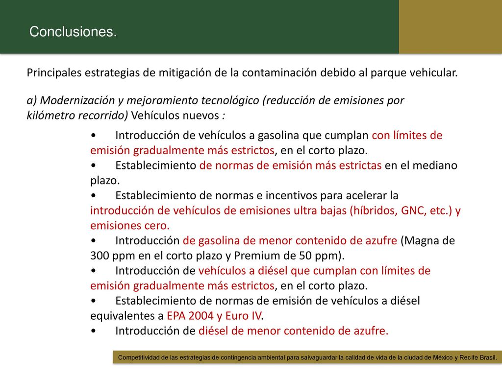 Conclusiones. Principales estrategias de mitigación de la contaminación debido al parque vehicular.