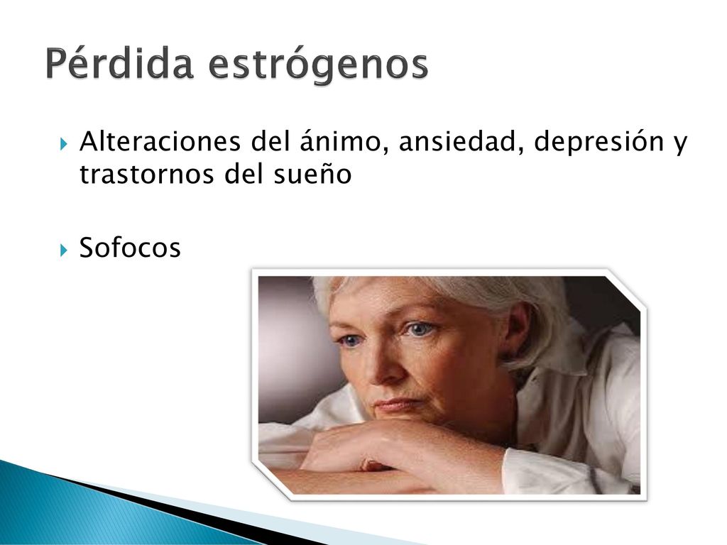Pérdida estrógenos Alteraciones del ánimo, ansiedad, depresión y trastornos del sueño Sofocos