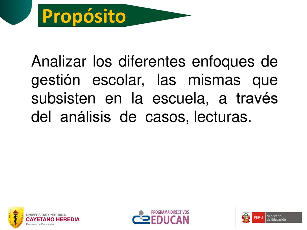 Propósito Analizar los diferentes enfoques de gestión escolar, las mismas que subsisten en la escuela, a través del análisis de casos, lecturas.
