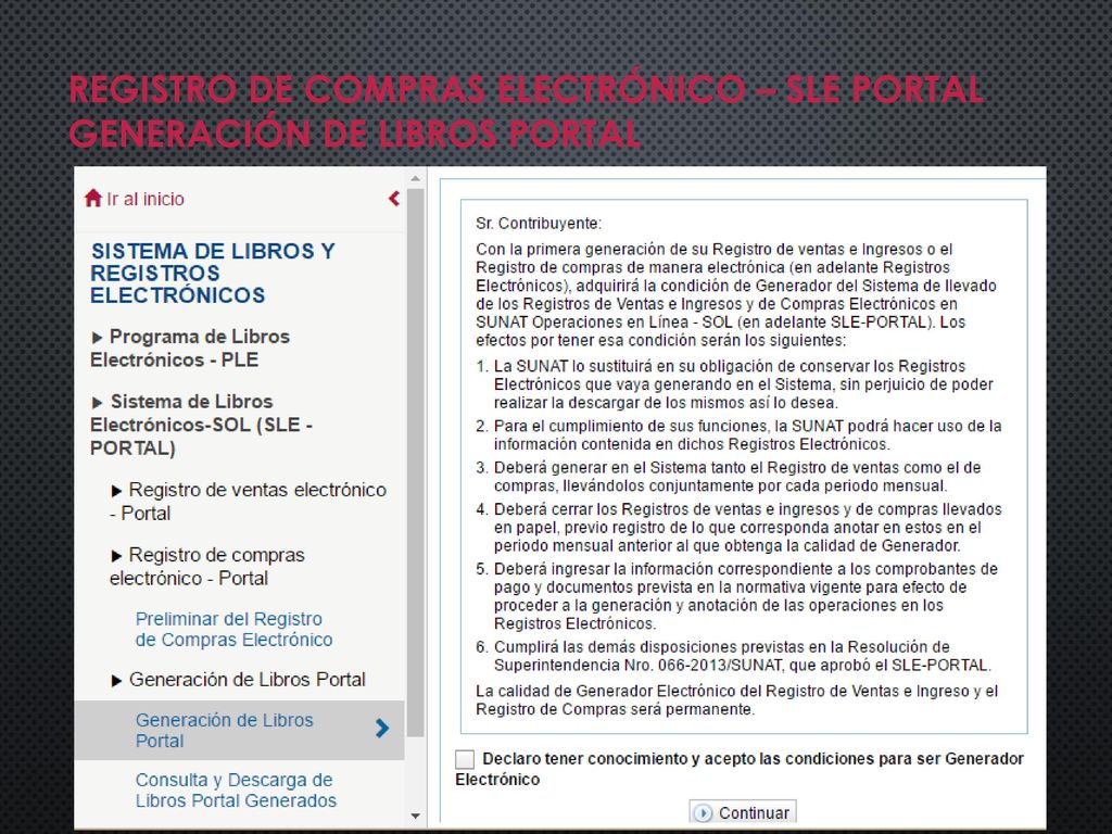 REGISTRO DE COMPRAS ELECTRÓNICO – SLE PORTAL GENERACIÓN DE LIBROS PORTAL