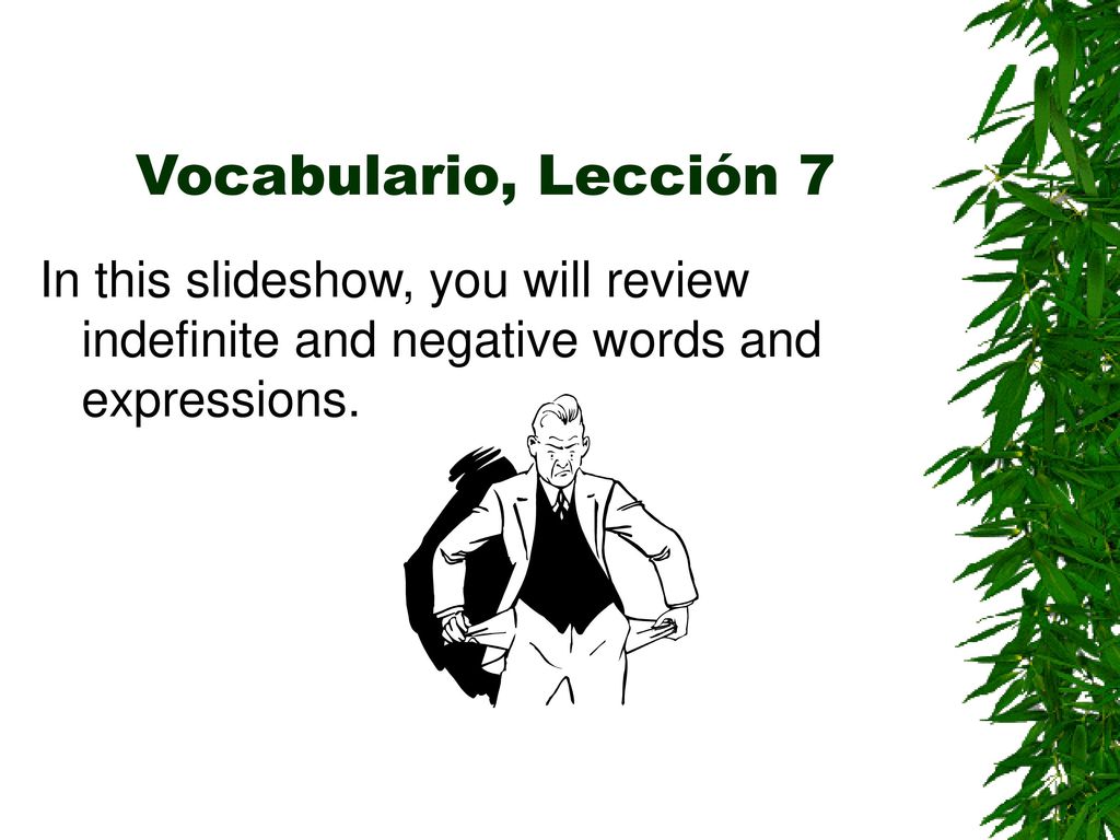Vocabulario, Lección 7 In this slideshow, you will review indefinite and negative words and expressions.