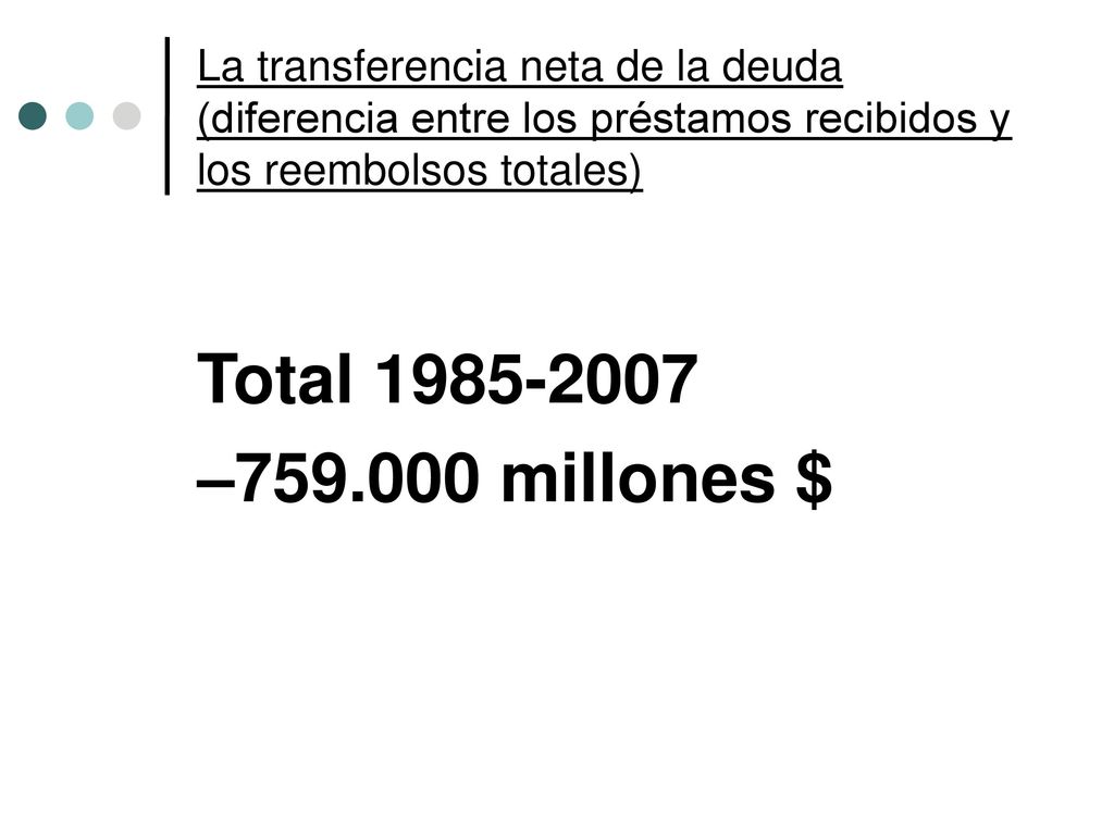 La transferencia neta de la deuda (diferencia entre los préstamos recibidos y los reembolsos totales)‏