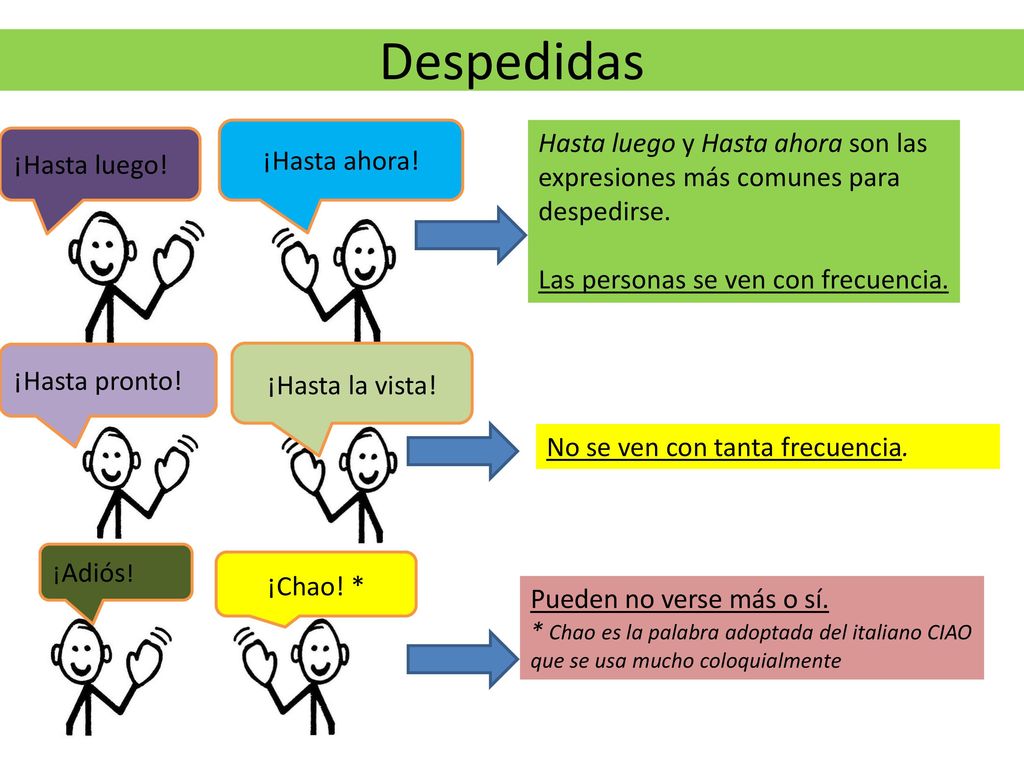Despedidas ¡Hasta ahora! Hasta luego y Hasta ahora son las expresiones más comunes para despedirse.