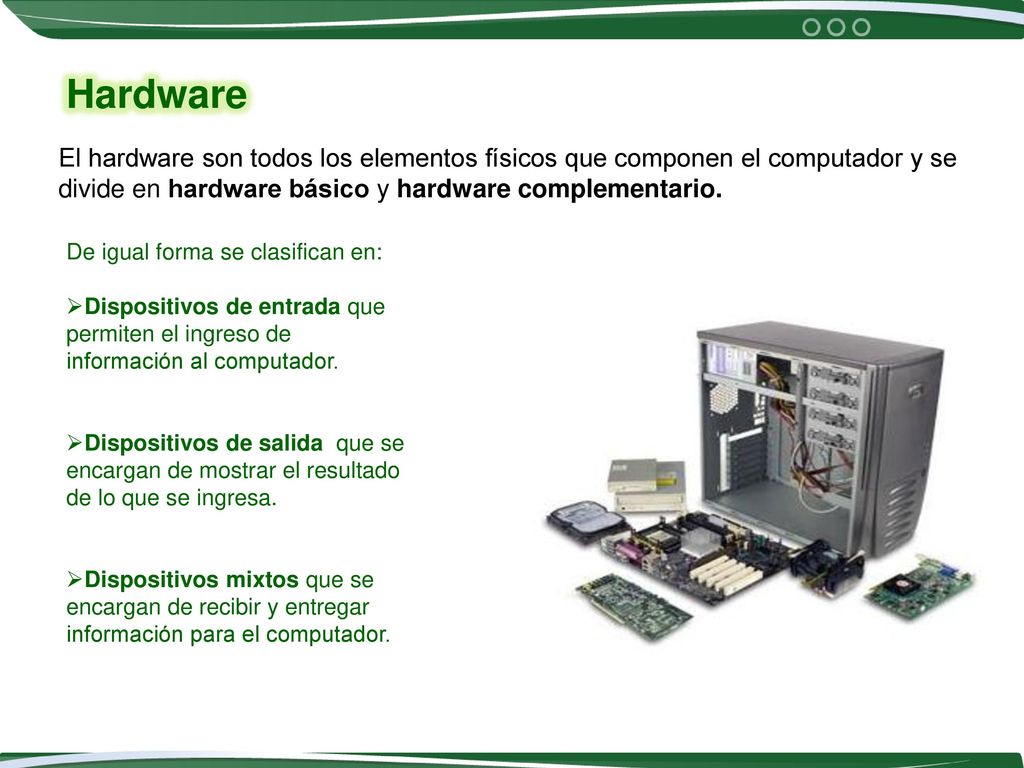 Hardware El hardware son todos los elementos físicos que componen el computador y se divide en hardware básico y hardware complementario.