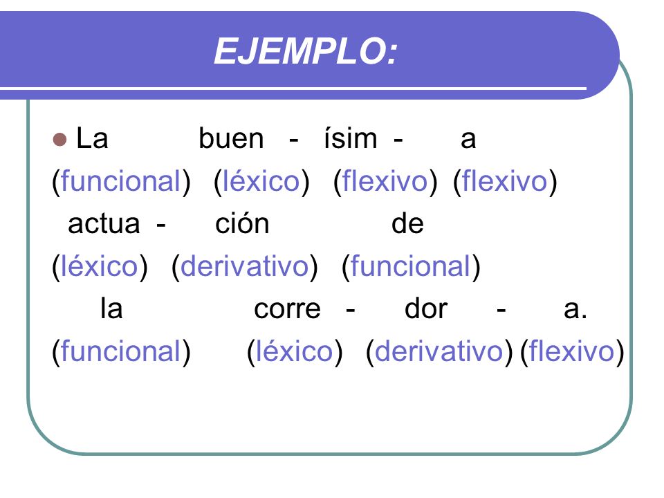 EJEMPLO: La buen - ísim - a (funcional) (léxico) (flexivo) (flexivo)