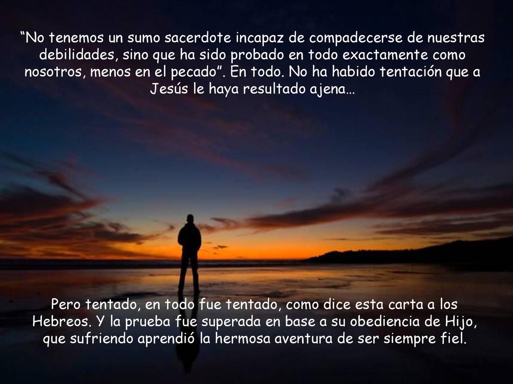 No tenemos un sumo sacerdote incapaz de compadecerse de nuestras debilidades, sino que ha sido probado en todo exactamente como nosotros, menos en el pecado . En todo. No ha habido tentación que a Jesús le haya resultado ajena…