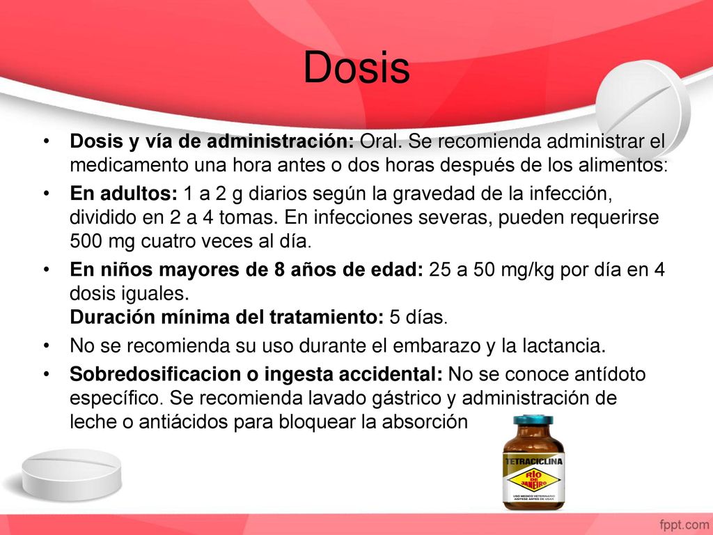 Dosis Dosis y vía de administración: Oral. Se recomienda administrar el medicamento una hora antes o dos horas después de los alimentos: