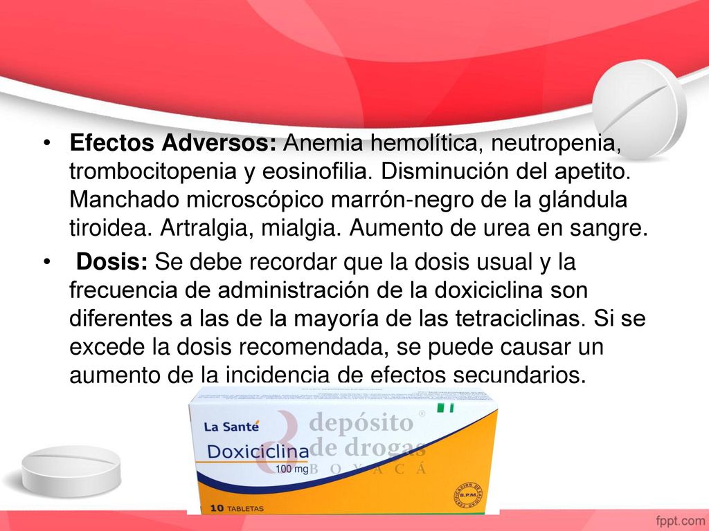 Efectos Adversos: Anemia hemolítica, neutropenia, trombocitopenia y eosinofilia. Disminución del apetito. Manchado microscópico marrón-negro de la glándula tiroidea. Artralgia, mialgia. Aumento de urea en sangre.
