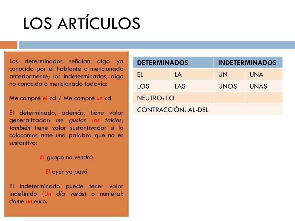 LOS ARTÍCULOS DETERMINADOS INDETERMINADOS EL LA UN UNA LOS LAS UNOS