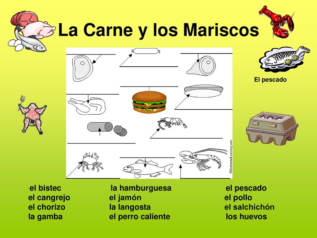 La Carne y los Mariscos el bistec el cangrejo el chorizo la gamba