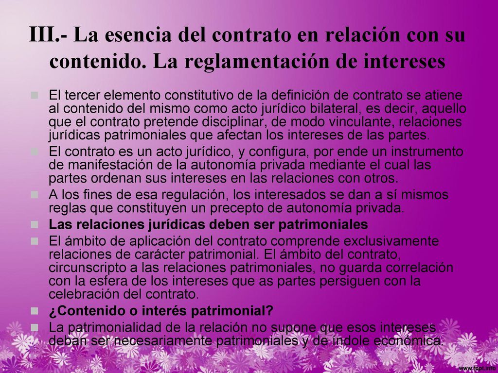 III. - La esencia del contrato en relación con su contenido
