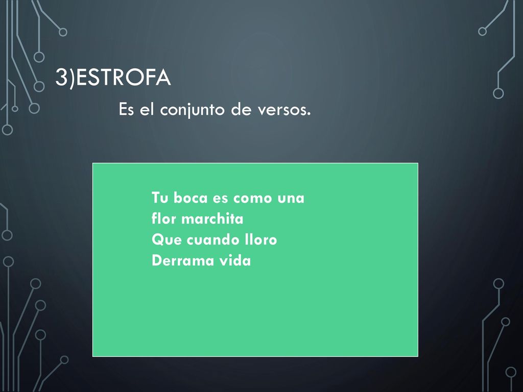 3)Estrofa Es el conjunto de versos. Tu boca es como una flor marchita