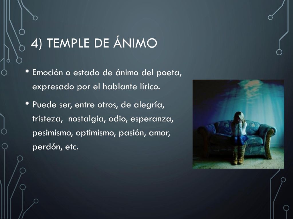 4) Temple de ánimo Emoción o estado de ánimo del poeta, expresado por el hablante lírico.