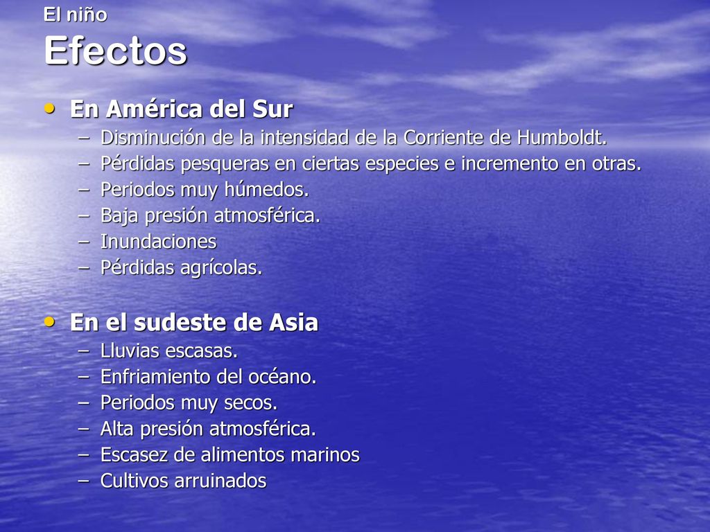En América del Sur En el sudeste de Asia El niño Efectos