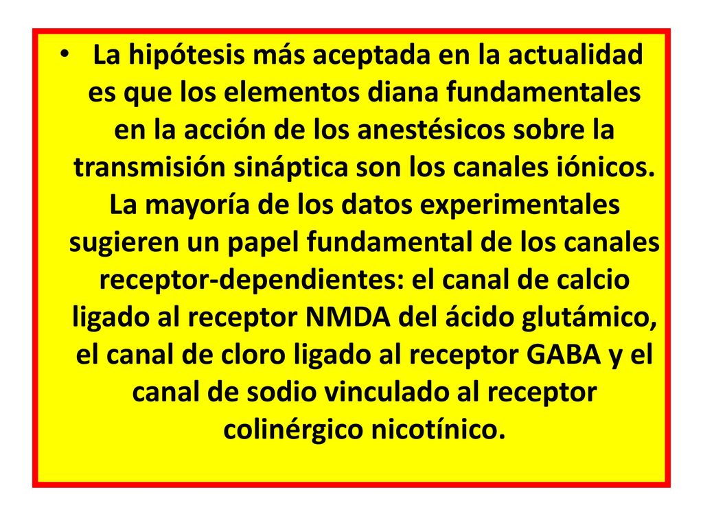 La hipótesis más aceptada en la actualidad es que los elementos diana fundamentales en la acción de los anestésicos sobre la transmisión sináptica son los canales iónicos.