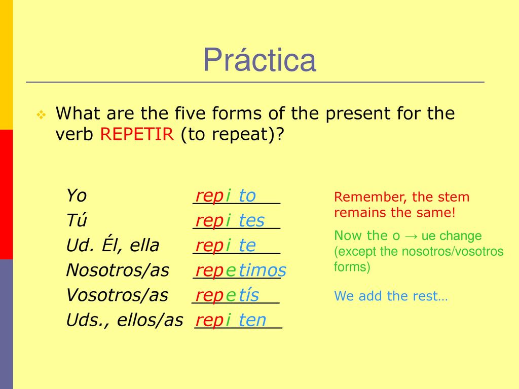 Práctica What are the five forms of the present for the verb REPETIR (to repeat) Yo ________.