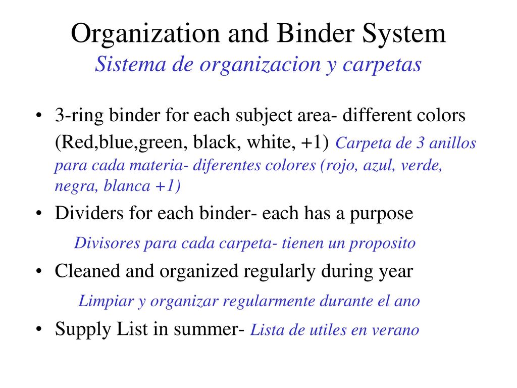 Organization and Binder System Sistema de organizacion y carpetas