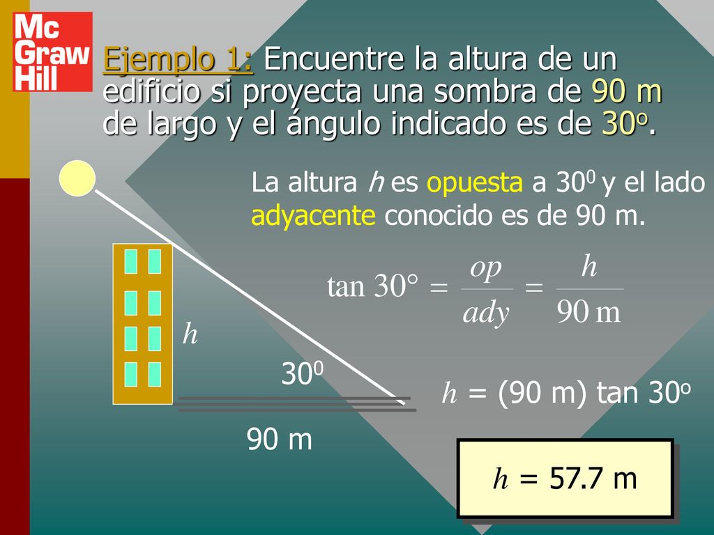 Ejemplo 1: Encuentre la altura de un edificio si proyecta una sombra de 90 m de largo y el ángulo indicado es de 30o.