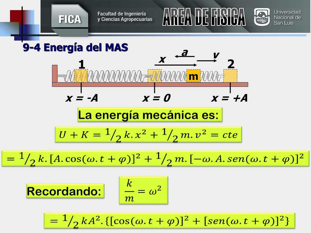 AREA DE FISICA 1 2 La energía mecánica es: Recordando: