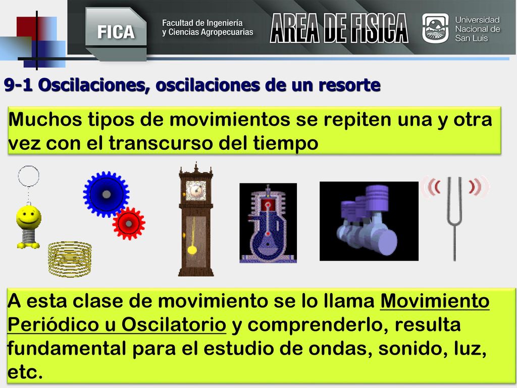 AREA DE FISICA 9-1 Oscilaciones, oscilaciones de un resorte. Muchos tipos de movimientos se repiten una y otra vez con el transcurso del tiempo.