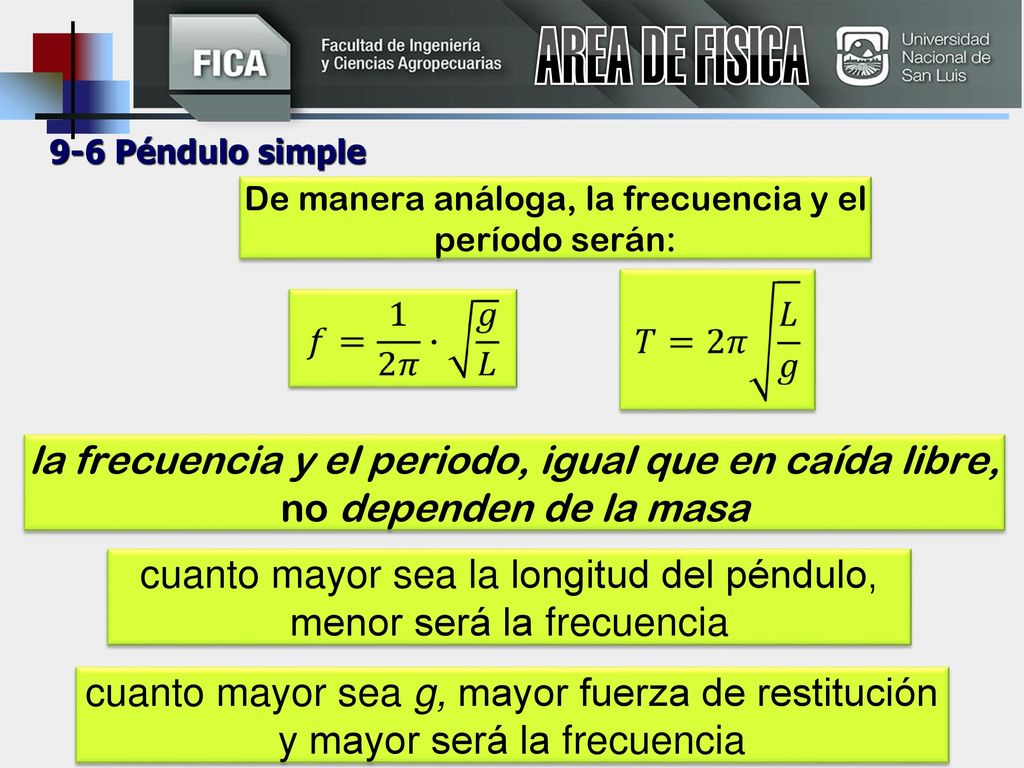 AREA DE FISICA 9-6 Péndulo simple. De manera análoga, la frecuencia y el período serán: