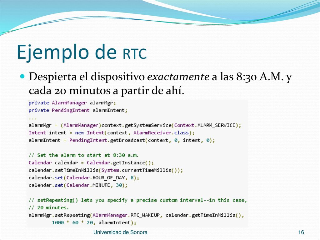 Ejemplo de RTC Despierta el dispositivo exactamente a las 8:30 A.M. y cada 20 minutos a partir de ahí.