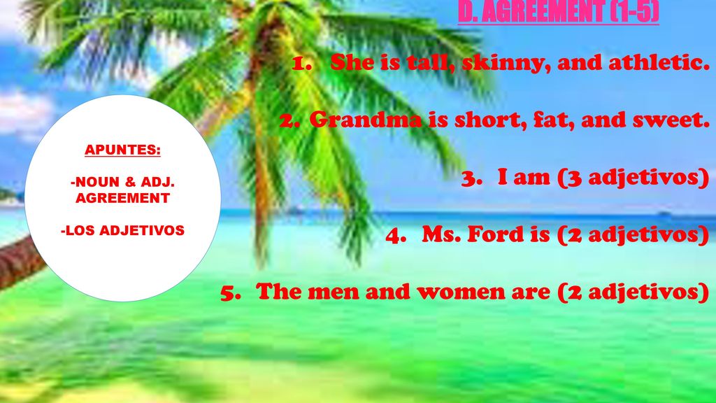 D. AGREEMENT (1-5) 1. She is tall, skinny, and athletic.
