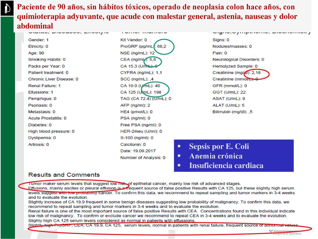 Paciente de 90 años, sin hábitos tóxicos, operado de neoplasia colon hace años, con quimioterapia adyuvante, que acude con malestar general, astenia, nauseas y dolor abdominal