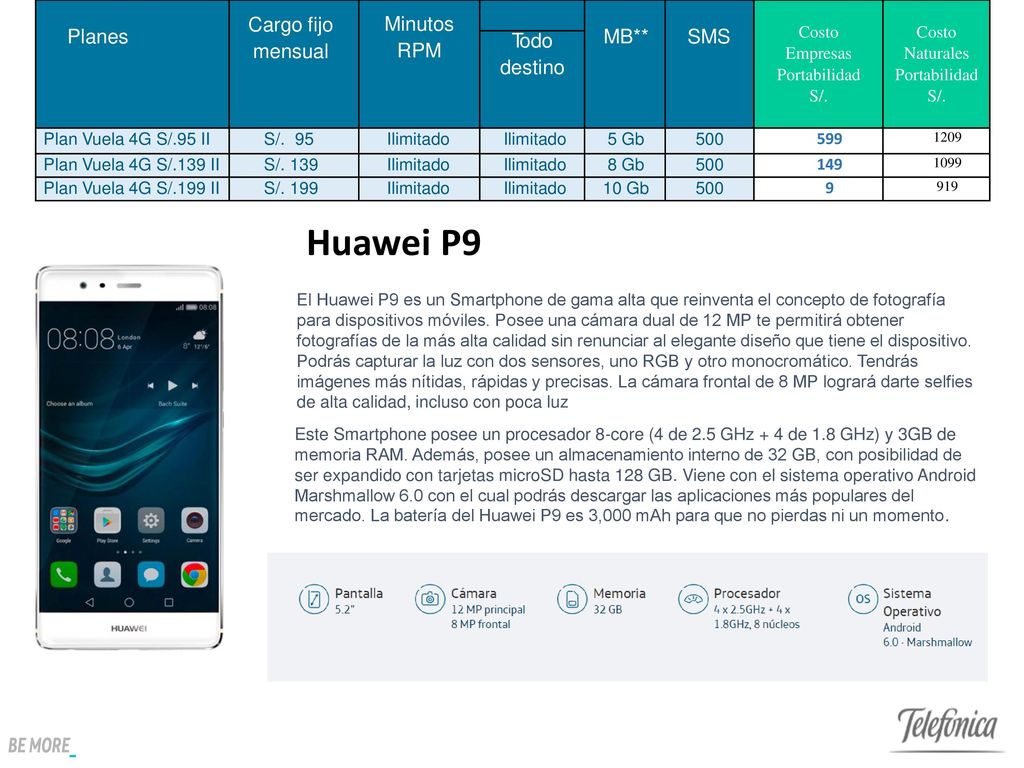 Huawei P9 Planes Cargo fijo mensual Minutos RPM MB** SMS Todo destino