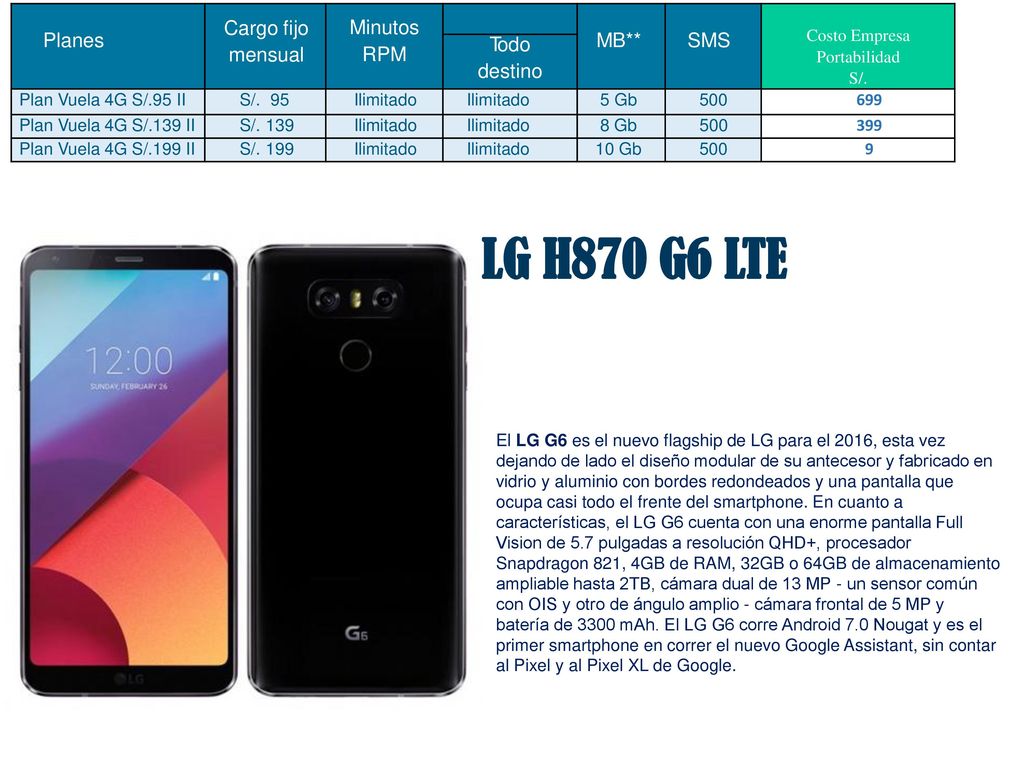 LG H870 G6 LTE Planes Cargo fijo mensual Minutos RPM MB** SMS Todo