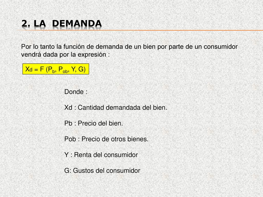 2. La demanda Por lo tanto la función de demanda de un bien por parte de un consumidor vendrá dada por la expresión :