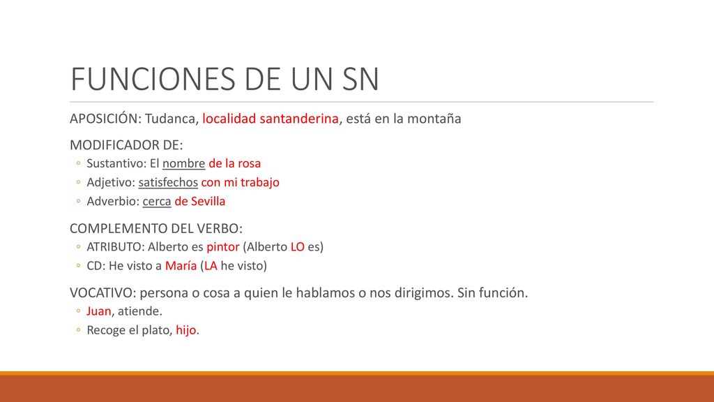 FUNCIONES DE UN SN APOSICIÓN: Tudanca, localidad santanderina, está en la montaña. MODIFICADOR DE: