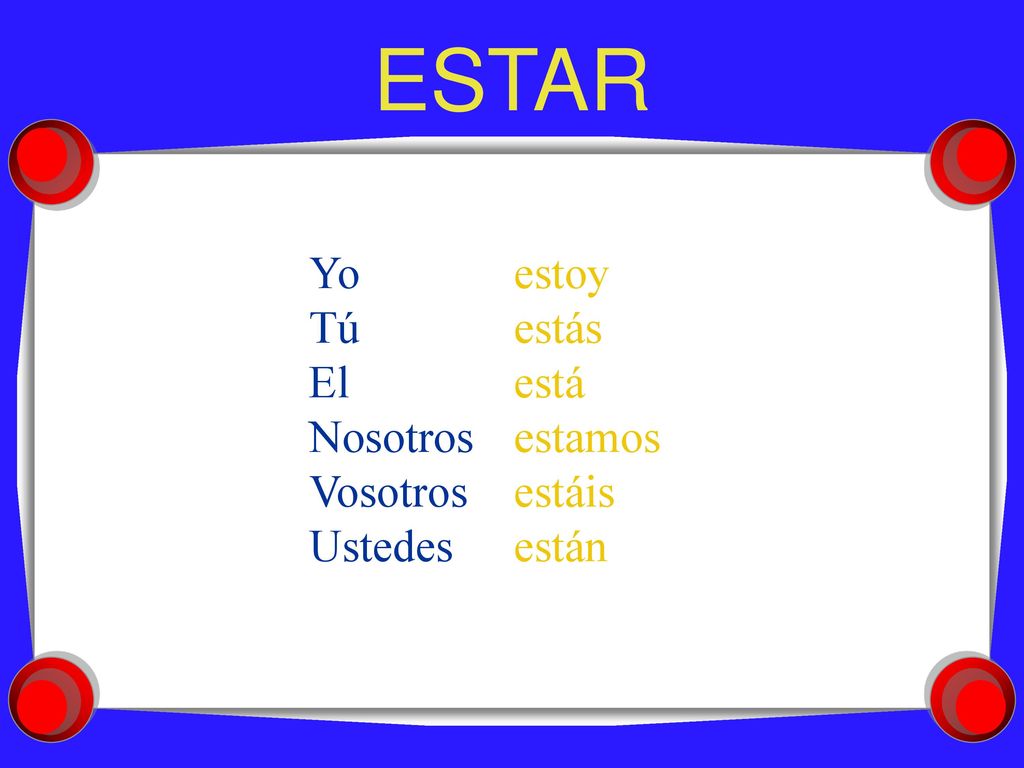 ESTAR Yo estoy Tú estás El está Nosotros estamos Vosotros estáis