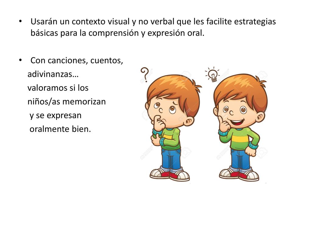 Usarán un contexto visual y no verbal que les facilite estrategias básicas para la comprensión y expresión oral.