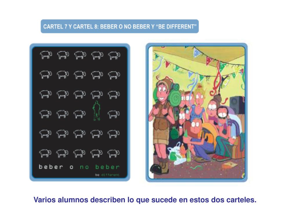 Varios alumnos describen lo que sucede en estos dos carteles.