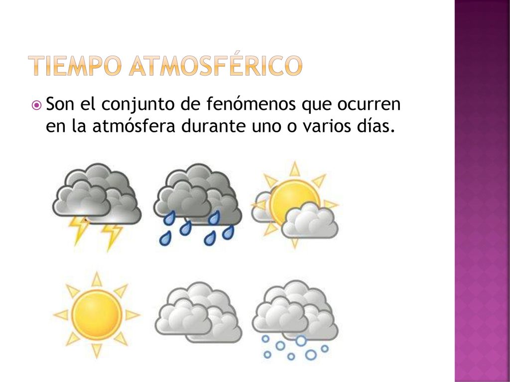 Tiempo atmosférico Son el conjunto de fenómenos que ocurren en la atmósfera durante uno o varios días.