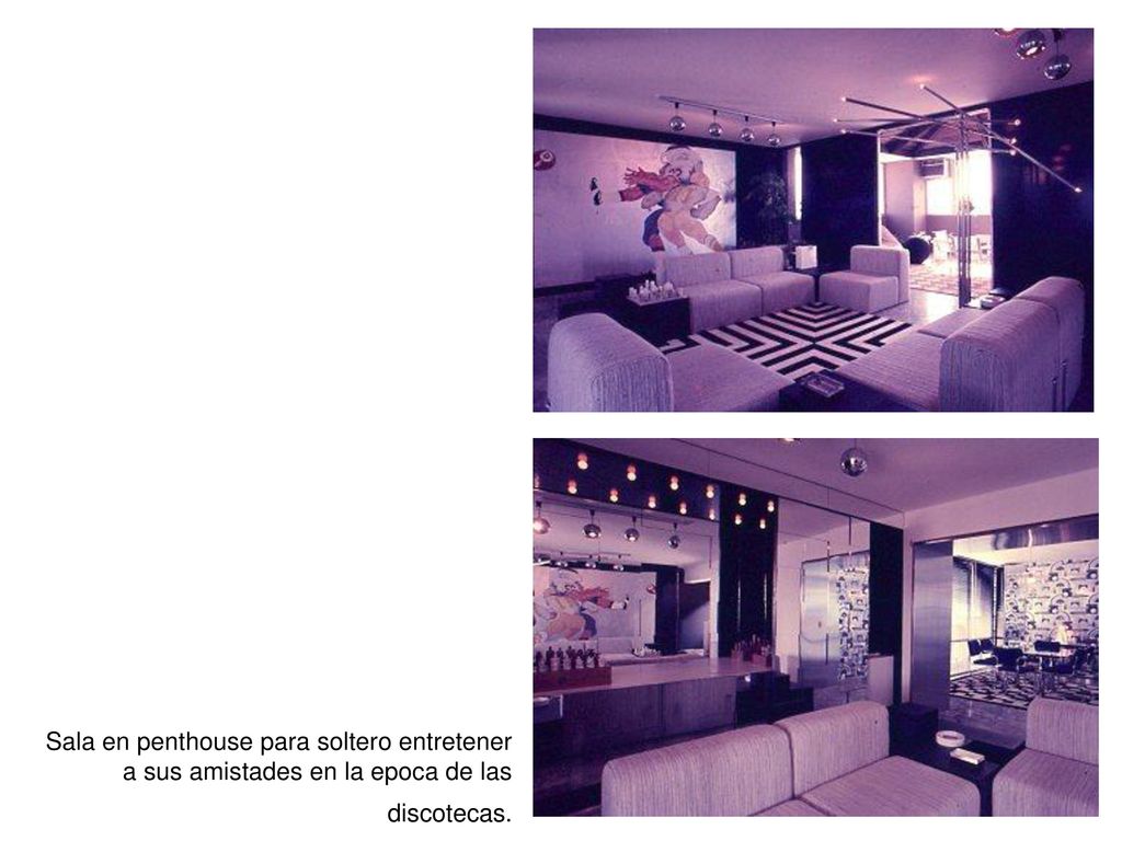 Sala en penthouse para soltero entretener a sus amistades en la epoca de las discotecas.