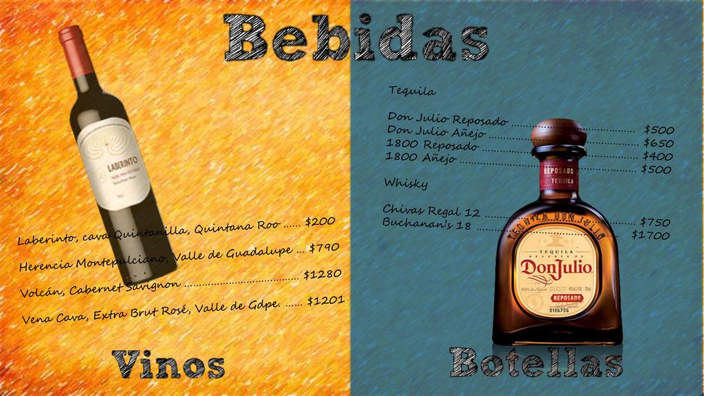 Tequila Don Julio Reposado …………………………………… $500. Don Julio Añejo …………………………………………… $ Reposado ………..…………………………………… $400.