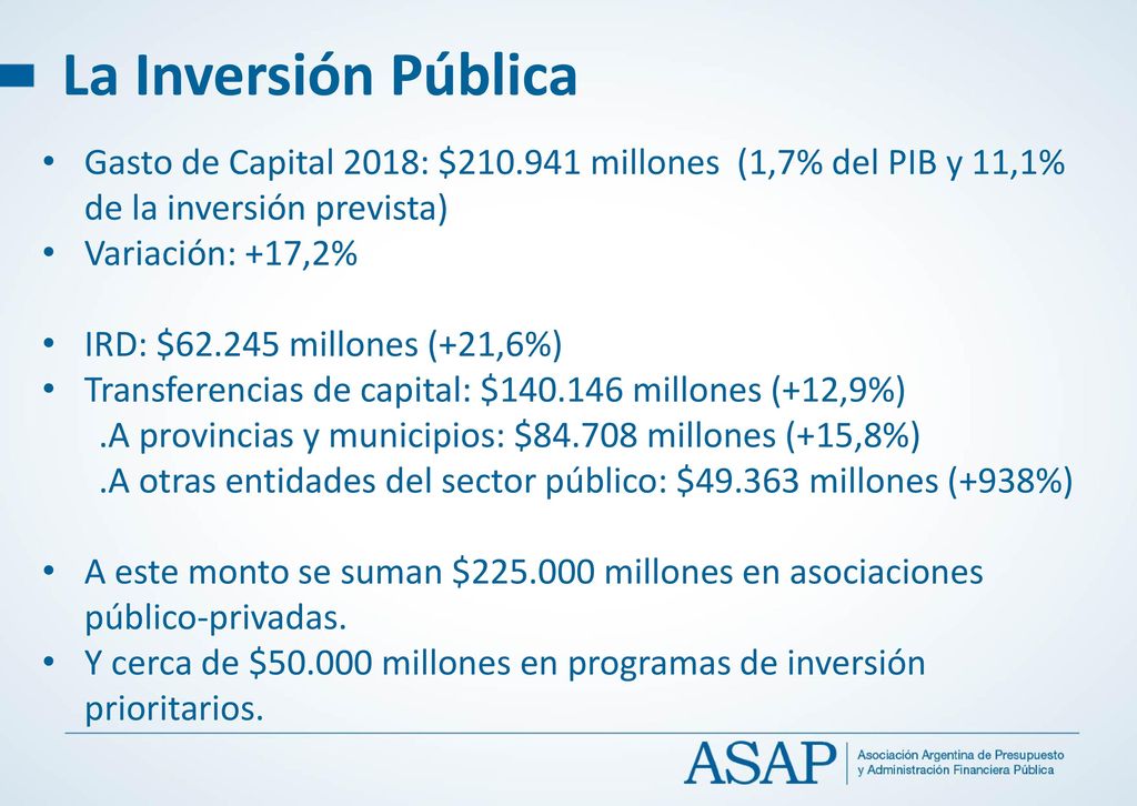 La Inversión Pública Gasto de Capital 2018: $ millones (1,7% del PIB y 11,1% de la inversión prevista)