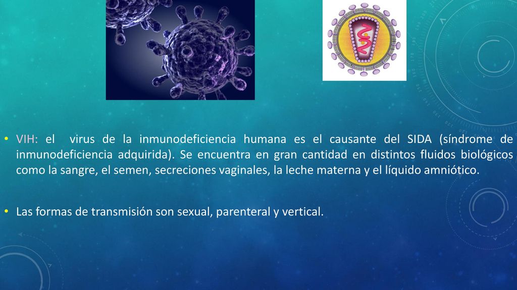 VIH: el virus de la inmunodeficiencia humana es el causante del SIDA (síndrome de inmunodeficiencia adquirida). Se encuentra en gran cantidad en distintos fluidos biológicos como la sangre, el semen, secreciones vaginales, la leche materna y el líquido amniótico.