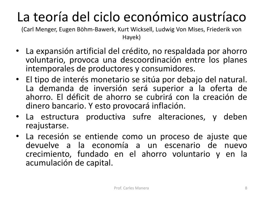 La teoría del ciclo económico austríaco (Carl Menger, Eugen Böhm-Bawerk, Kurt Wicksell, Ludwig Von Mises, Friederik von Hayek)