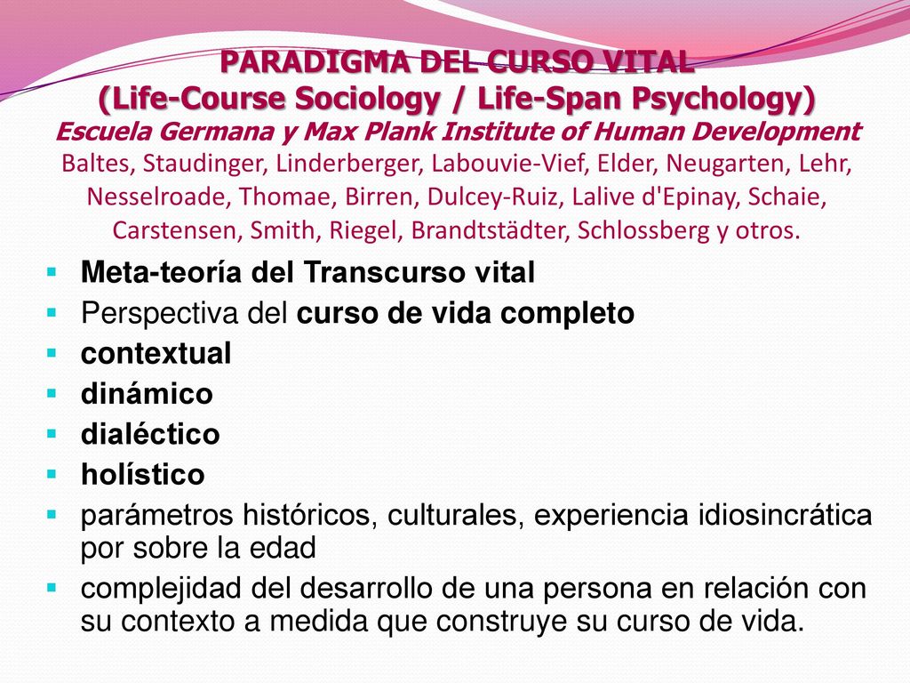 PARADIGMA DEL CURSO VITAL (Life-Course Sociology / Life-Span Psychology) Escuela Germana y Max Plank Institute of Human Development Baltes, Staudinger, Linderberger, Labouvie-Vief, Elder, Neugarten, Lehr, Nesselroade, Thomae, Birren, Dulcey-Ruiz, Lalive d Epinay, Schaie, Carstensen, Smith, Riegel, Brandtstädter, Schlossberg y otros.