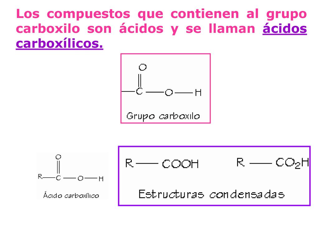 Los compuestos que contienen al grupo carboxilo son ácidos y se llaman ácidos carboxílicos.